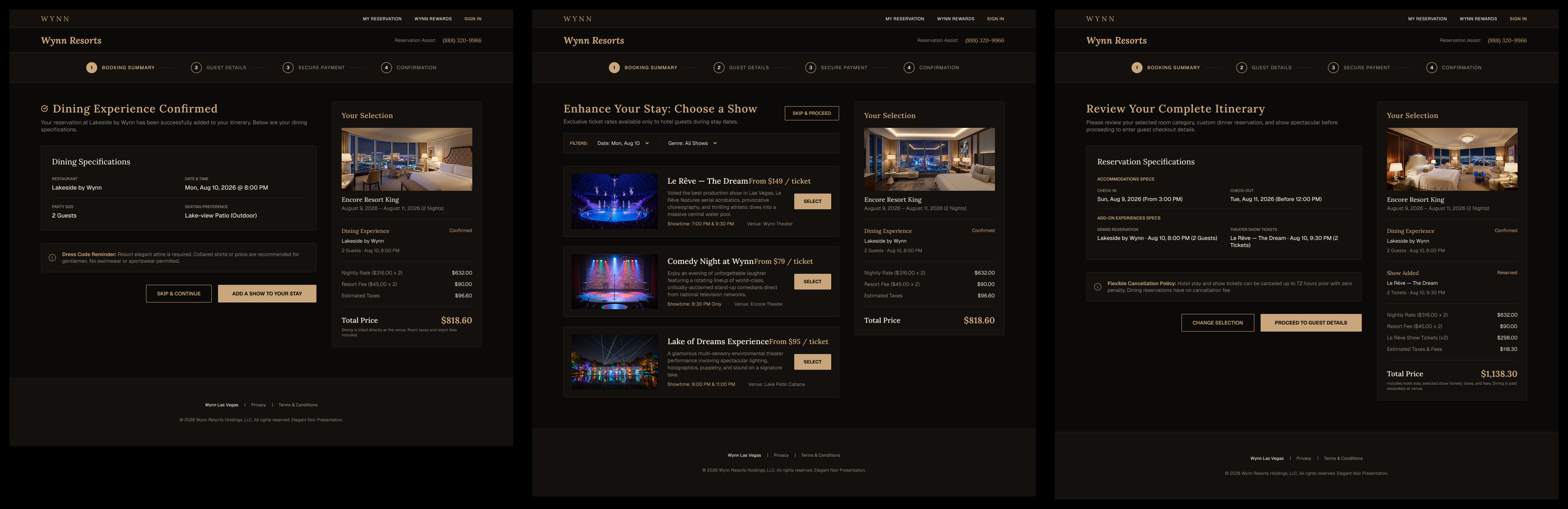 Wynn Las Vegas full booking flow, dark theme